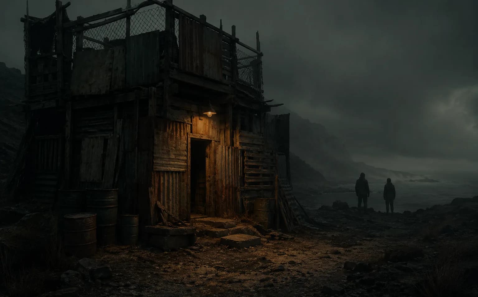 An improvised structure of salvaged timber and corrugated iron on a bleak coastline at dusk, two distant figures looking out to sea