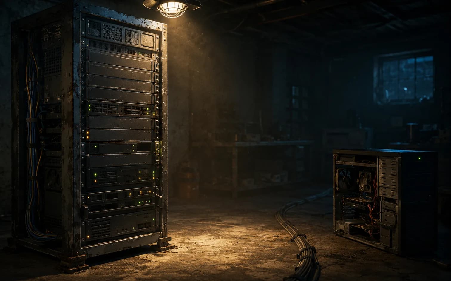 A weathered server rack under a caged work lamp in a concrete basement, cabling running across the floor to an open desktop tower