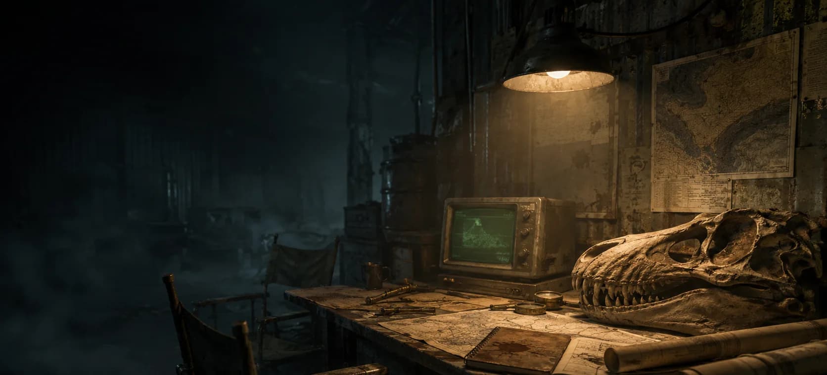 A field station worktable under a single lamp: a fossil skull, survey maps, a terminal and two empty chairs