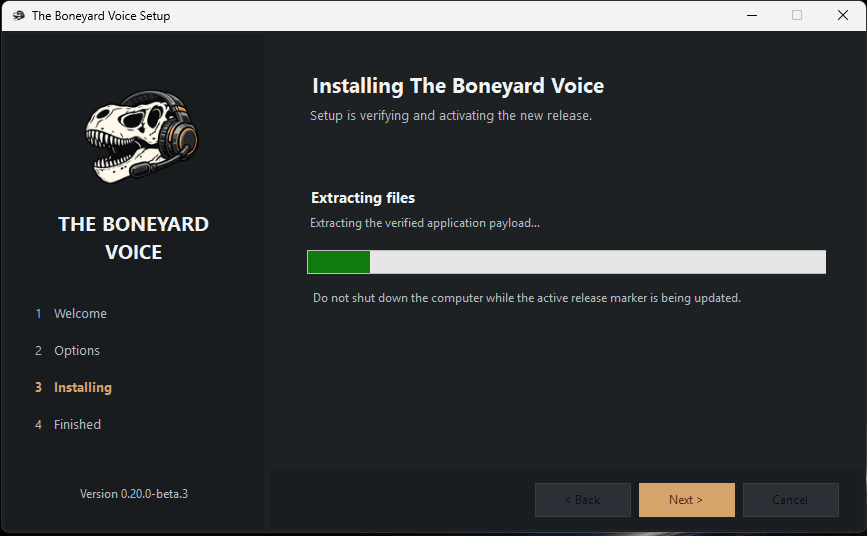 Boneyard Voice setup guide step 7: Let the installation finish