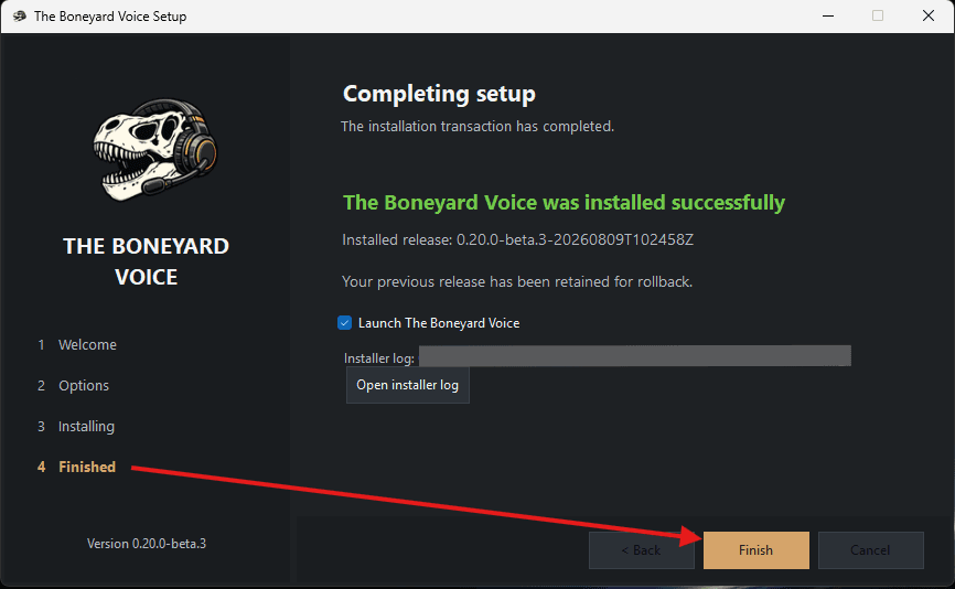 Boneyard Voice setup guide step 8: Finish and launch Boneyard Voice