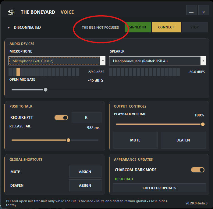 Boneyard Voice setup guide step 12: The Isle not focused is expected outside the game